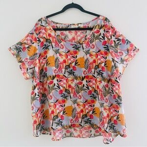 C&C California 100% Linen Top Tropical Print Short Sleeve Sz 2X Blouse